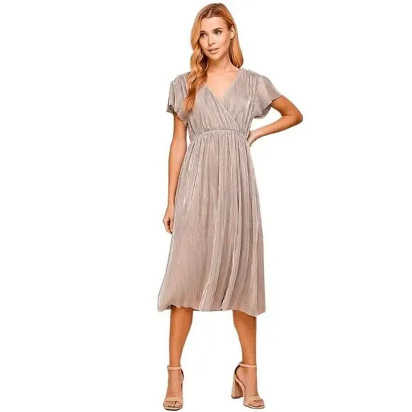 NWT Chelsea28 Womens Grecian Champagne Metallic Pink Midi Dress - Picture 2 of 9